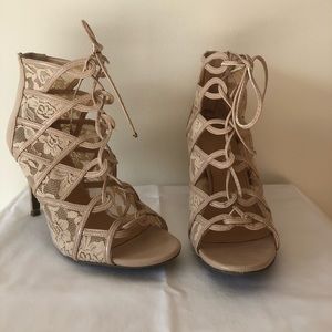 LAUREN CONRAD Blush Lace Heeled Booties